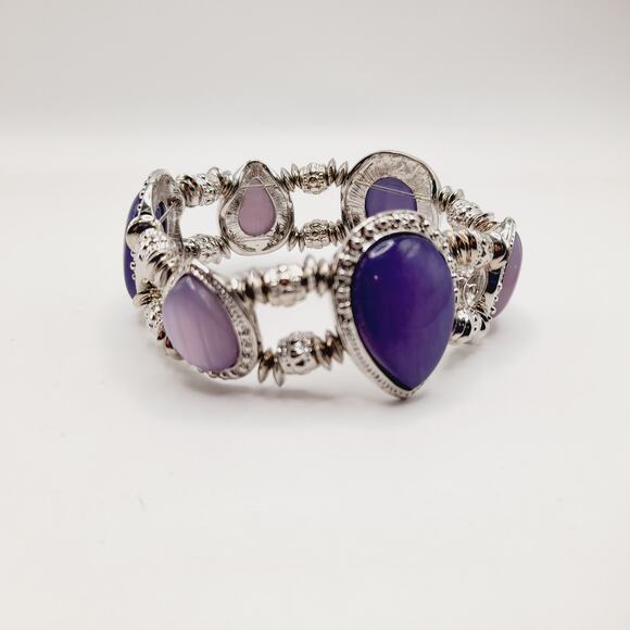 Purple Lavender Silver Stretch Bracelet Teardrop Cabochon 7” Elegant - Picture 5 of 8